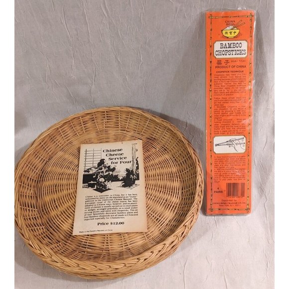 Vtg Chinese Cheese Bamboo Wicker Plates Chopsticks Service for 4 Platter Boho - Picture 15 of 15